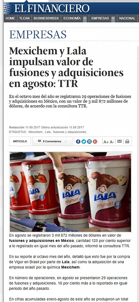 Mexichem y Lala impulsan valor de fusiones y adquisiciones en agosto: TTR